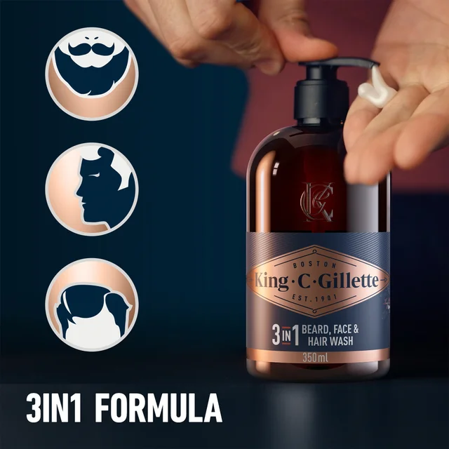 King C. Gillette 3in1 Beard, Face & Hair Wash, emphasising its three-in-one use.