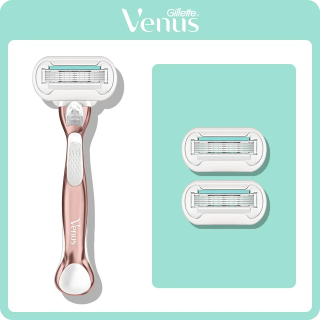 Gillette Venus rose gold razor with two additional blade refills.