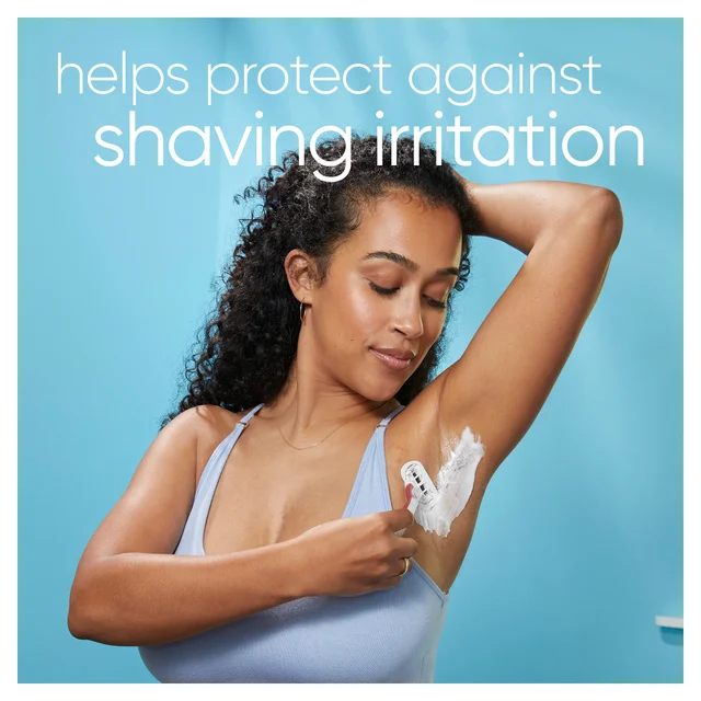 "Helps protect against shaving irritation" text, woman shaves underarm.