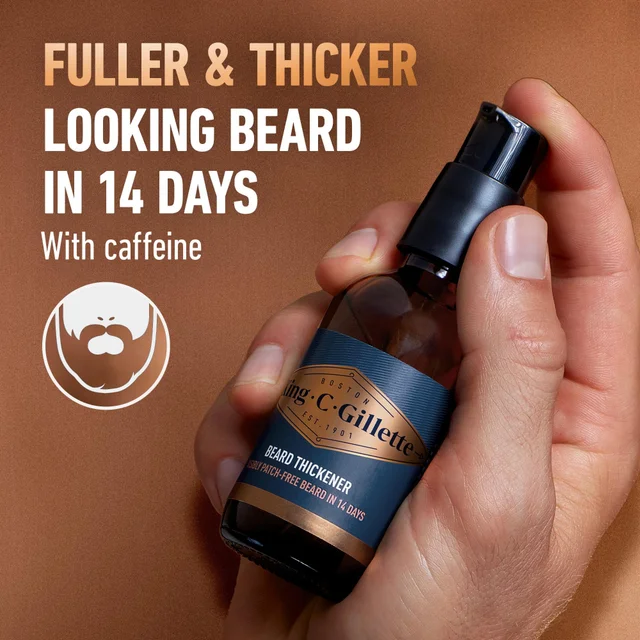 King C. Gillette Beard Thickener, claiming a fuller, thicker beard in 14 days with caffeine.