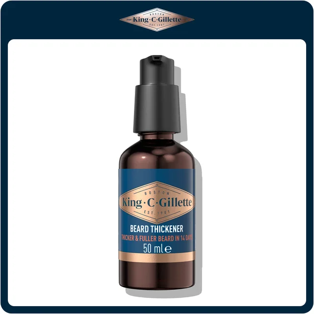 King C. Gillette Beard Thickener packaging, highlighting "Thicker & Fuller Beard in 14 Days".