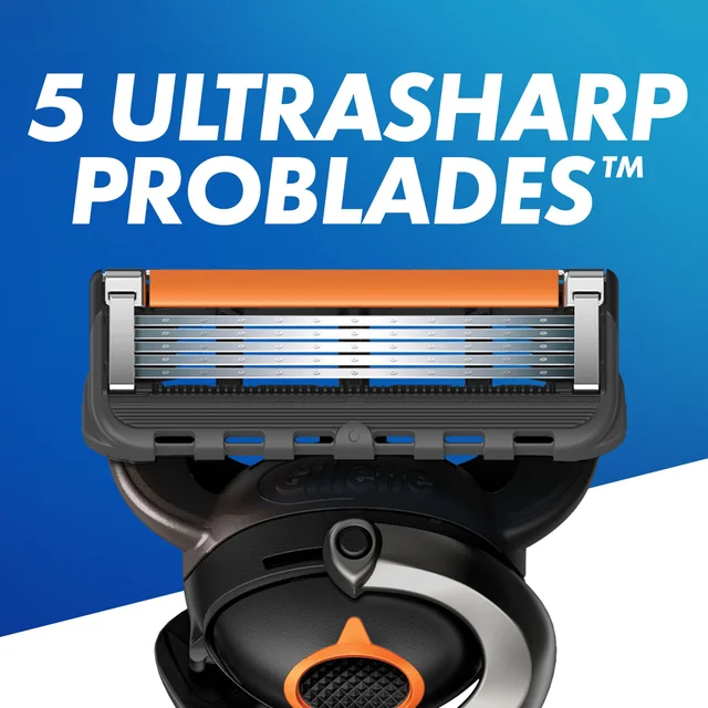 Gillette razor head, highlighting "5 ULTRASHARP PROBLADES™" against a blue background.