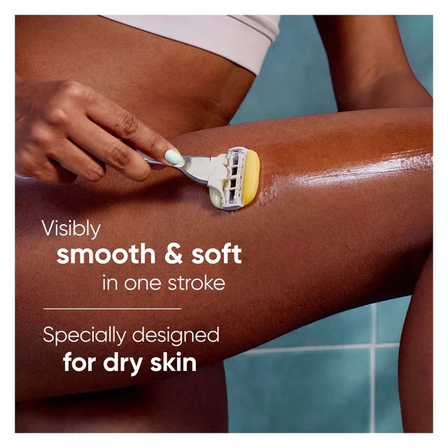 Gillette Venus razor on leg, promoting 'smooth & soft in one stroke' for dry skin.