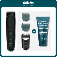Gillette Intimate Trimmer kit with multiple guide combs and Shave Cream + Cleanser.