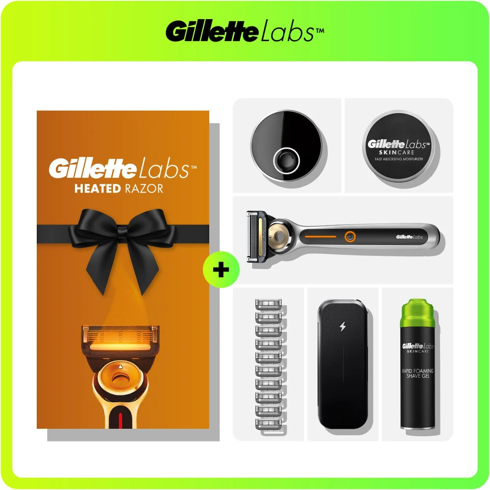 Gillette Labs Heated Razor kit with charging base, moisturiser, shave gel and blades.