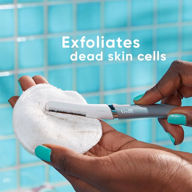 Gillette Venus dermaplaner removing dead skin onto a pad, illustrating "Exfoliates dead skin cells".