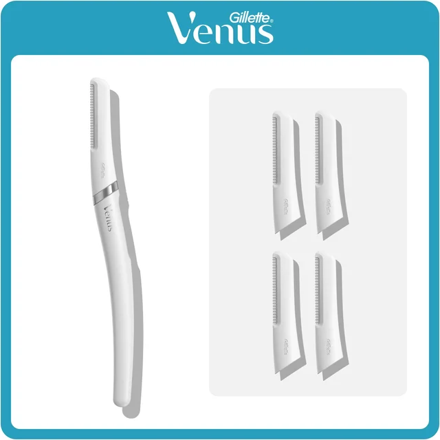 Gillette Venus facial hair trimmer shown with four replacement heads.