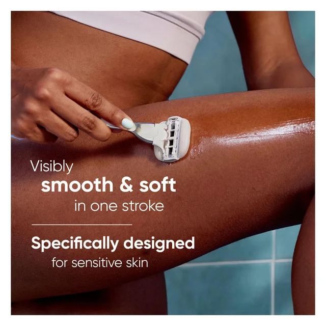 Gillette Venus razor shaving leg, highlighting 'smooth & soft in one stroke' & 'for sensitive skin'.