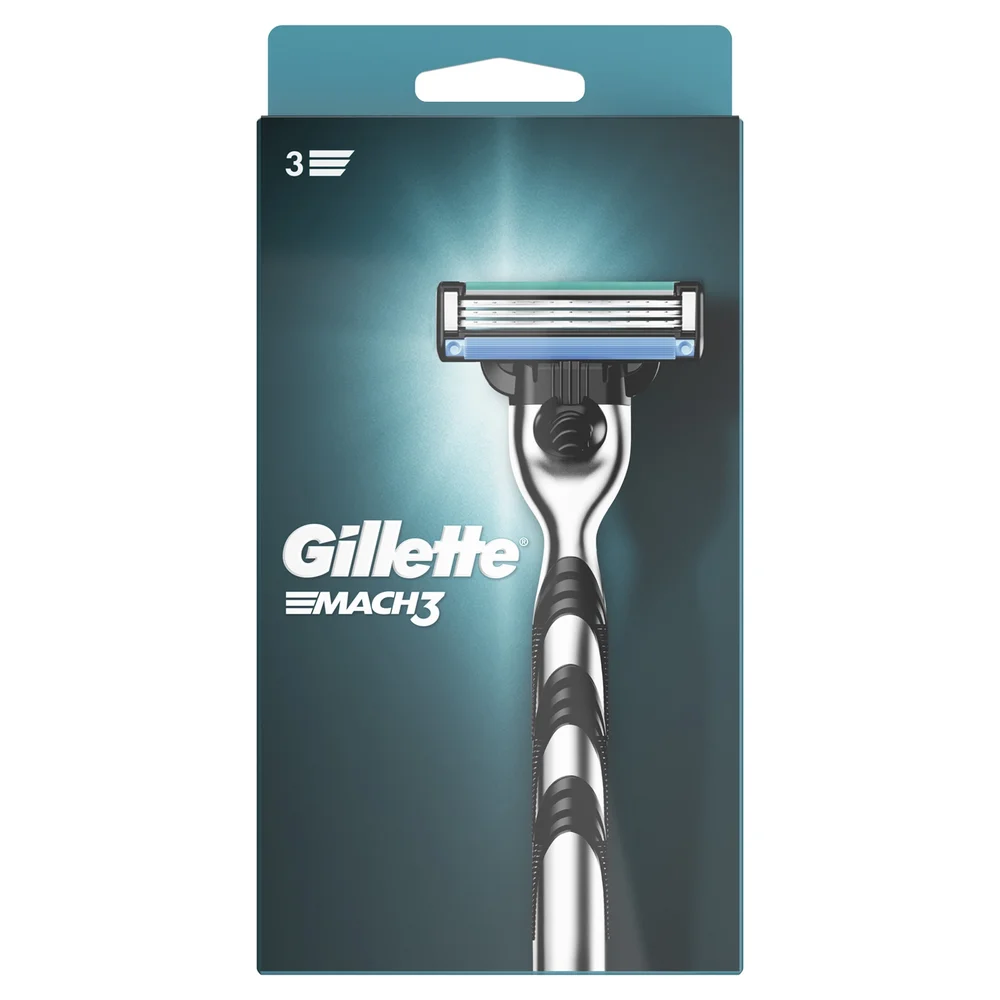 Gillette Mach3 razor in its packaging, highlighting the 3-blade system.