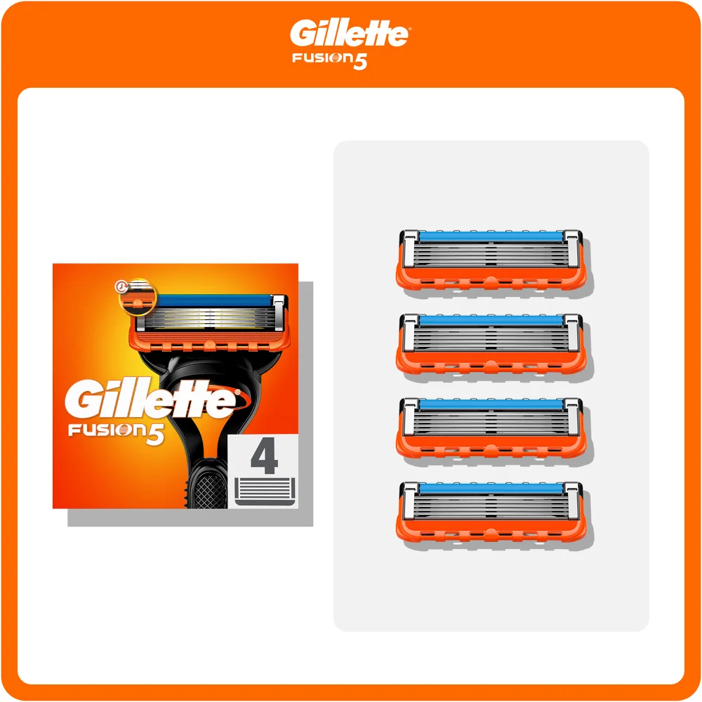 Gillette Fusion5 razor blades packaging showing a 4-count pack with four blades.