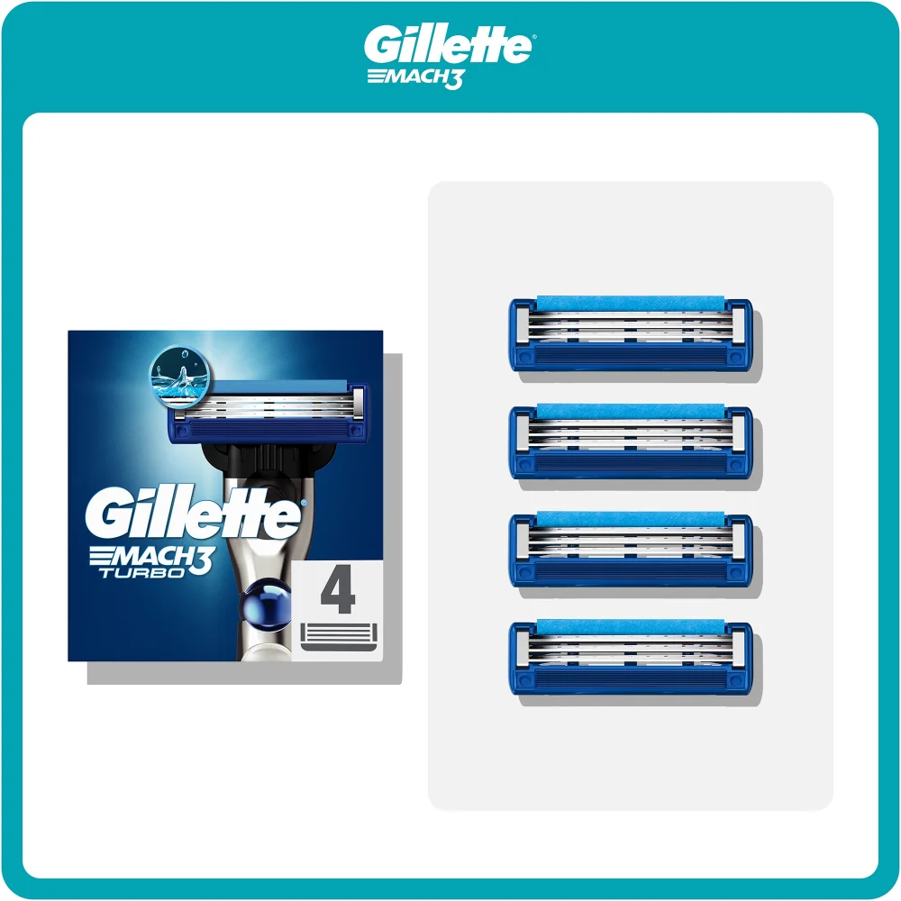 Gillette Mach3 Turbo razor blade refills, showing a pack of 4 and 4 individual blades.