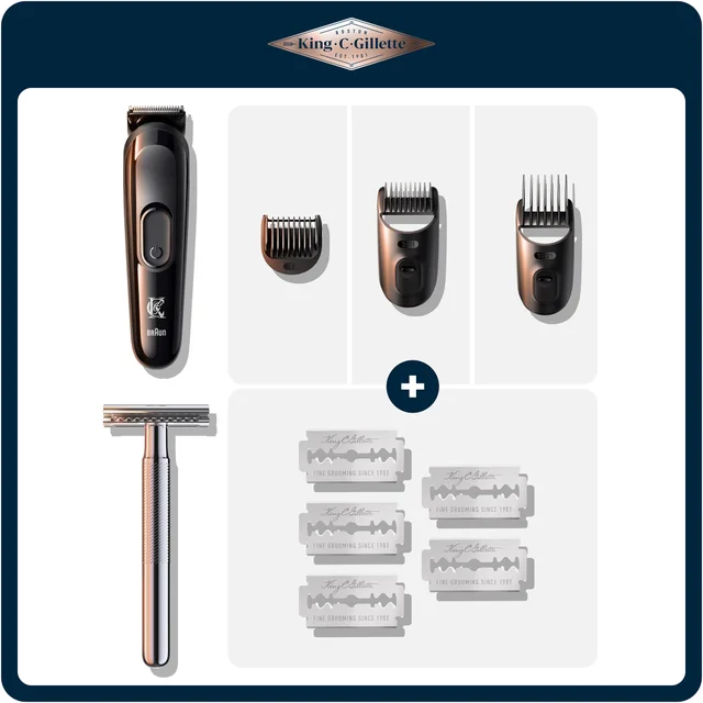 King C. Gillette beard trimmer and safety razor kit with multiple attachments and extra blades.