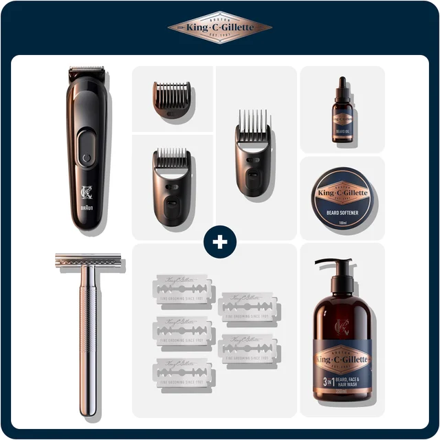 King C. Gillette complete grooming kit with trimmer, razor, and beard care products.