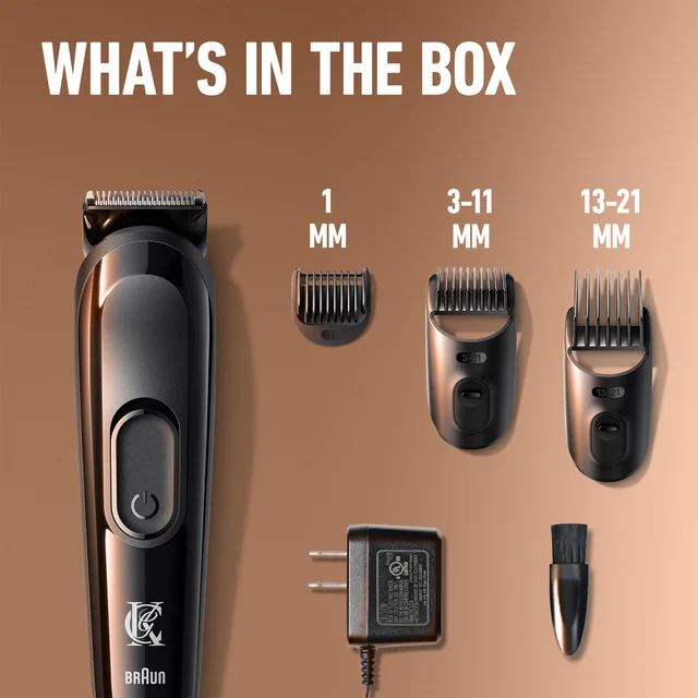 King C. Gillette trimmer and its accessories, featuring three comb guides: 1mm, 3-21mm.