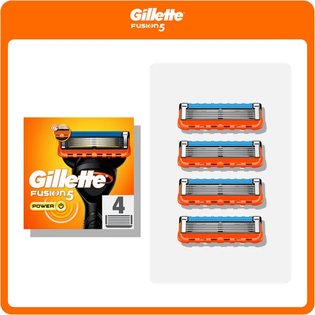 Gillette Fusion5 Power razor handle with 4 replacement blades shown.