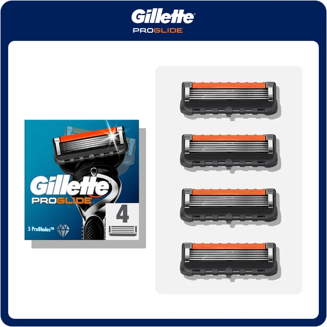 Gillette ProGlide razor blades 4-count pack, highlighting 5 ProBlades™ technology.