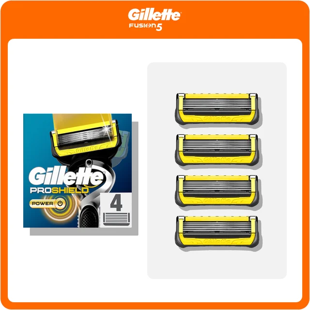 Gillette Fusion5 ProShield Power blades 4-pack, packaging and yellow-coloured replacement heads.