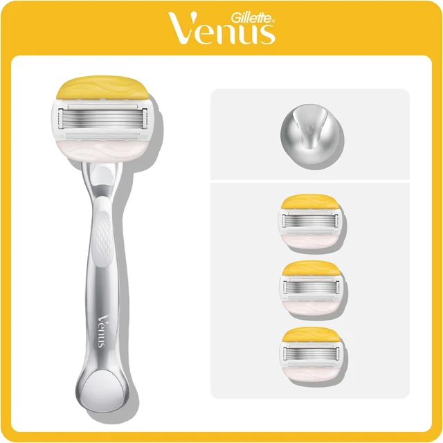 Gillette Venus razor shown with shower hook and 3 blade refills.