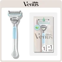 Gillette Venus razor and packaging, highlighting 1+1 offer and aloe vera.