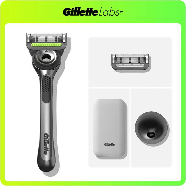 GilletteLabs razor with a replacement cartridge, travel case, and magnetic stand.