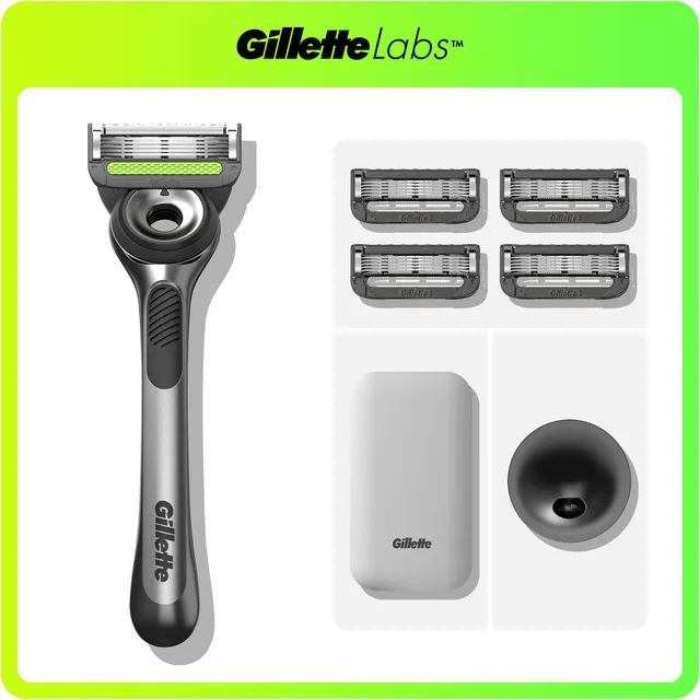 GilletteLabs razor kit with handle, 4 blade refills, travel case, and magnetic stand.