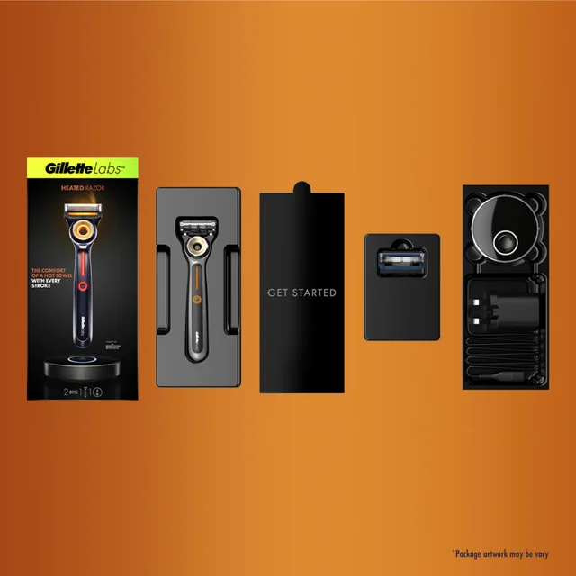 Gillette Labs Heated Razor packaging and all contents, highlighting 'hot towel comfort'.