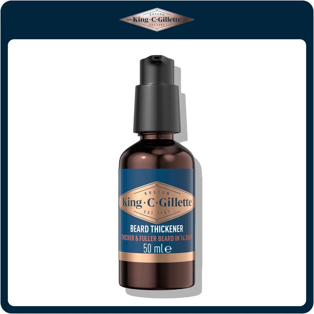King C. Gillette Beard Thickener packaging, highlighting "Thicker & Fuller Beard in 14 Days".
