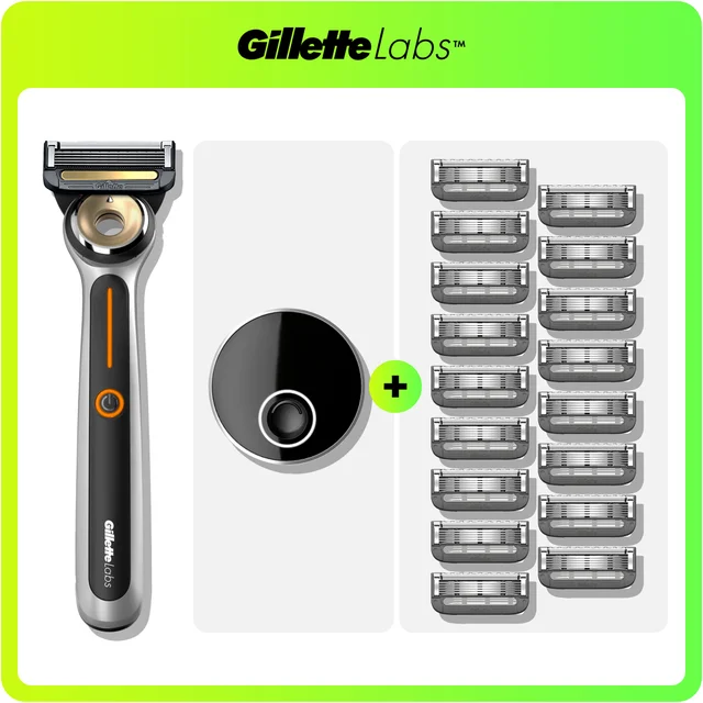 GilletteLabs razor, charging stand, and 16 replacement blade cartridges.