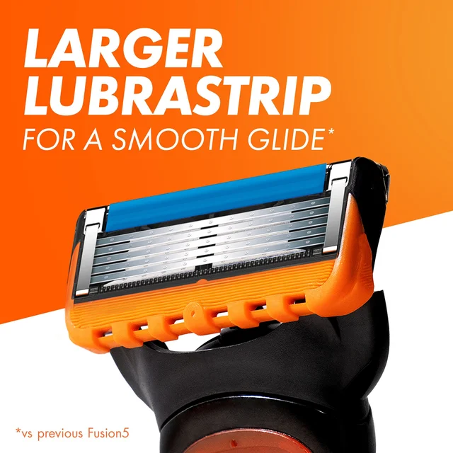 Gillette razor cartridge, highlighting the larger Lubrastrip for a smooth glide.