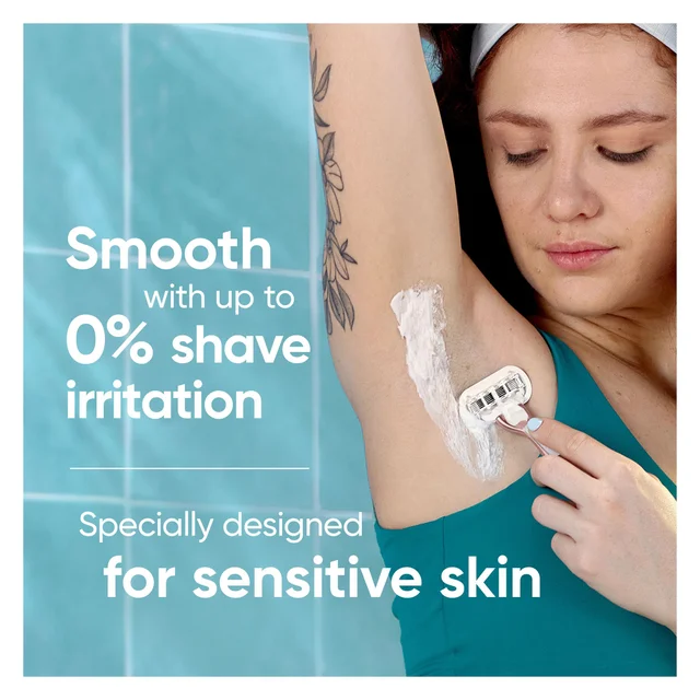 Smooth shave with up to 0% irritation using a Gillette Venus razor for sensitive skin.