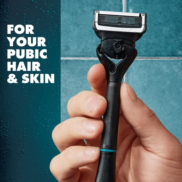 Gillette razor held in hand, highlighting "FOR YOUR PUBIC HAIR & SKIN" claim.