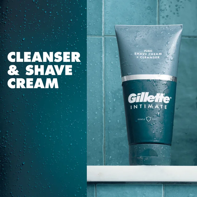 Gillette Intimate Pubic Shave Cream + Cleanser, highlighted as a Cleanser & Shave Cream.