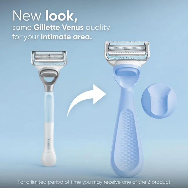 Venus intimate area razor, highlighting new design with same quality claim.