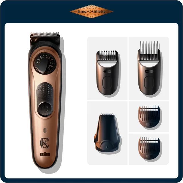 King C. Gillette beard trimmer by Braun, shown with two precision comb attachments.