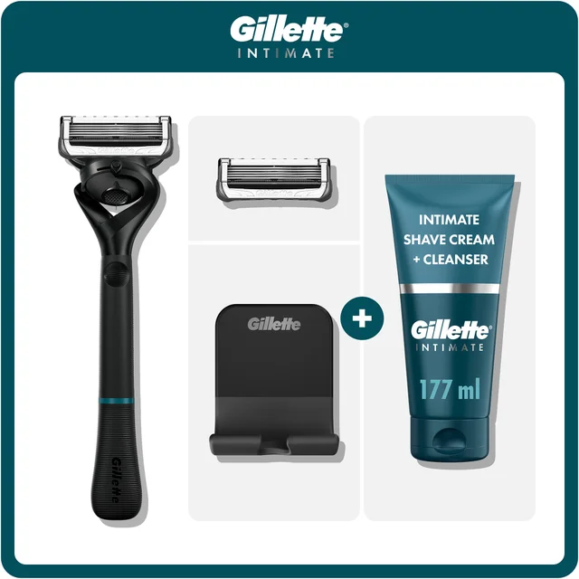 Gillette INTIMATE razor kit with extra blade, stand, and Shave Cream + Cleanser.