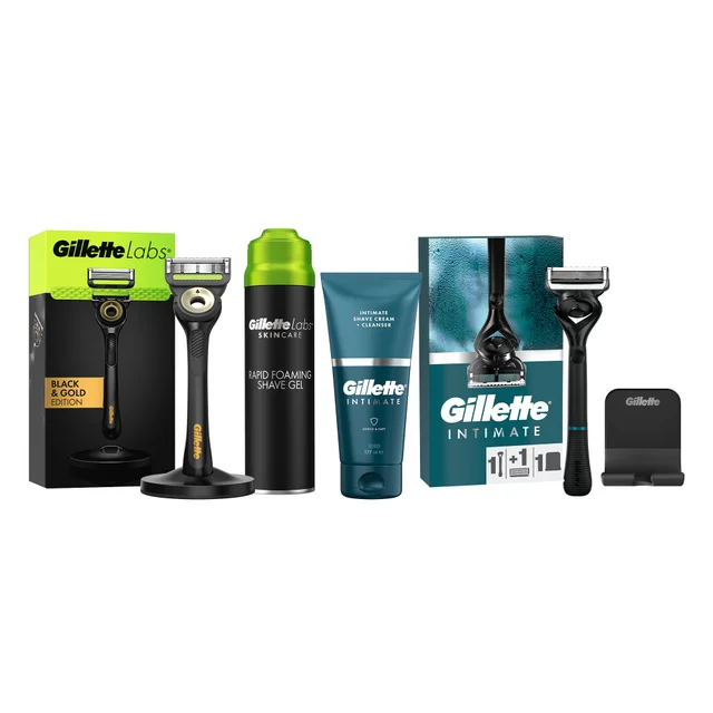 Gillette shaving kit featuring Labs Black & Gold Edition & Intimate razors, shave gel & cream.