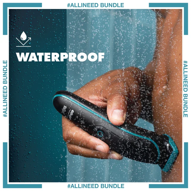 Gillette Intimate trimmer used in shower, highlighting the "WATERPROOF" claim.