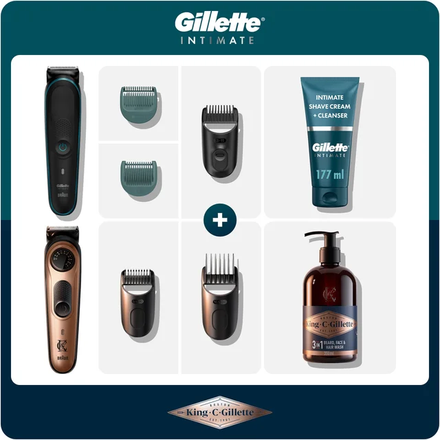 Gillette Intimate & King C. Gillette grooming set featuring trimmers, shave cream & wash.