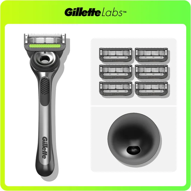GilletteLabs razor shown with its packaging and a row of 6 additional blade refills.