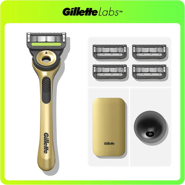 GilletteLabs Champion Gold Edition razor shown with its packaging, stand, travel case, and four additional blade refills.