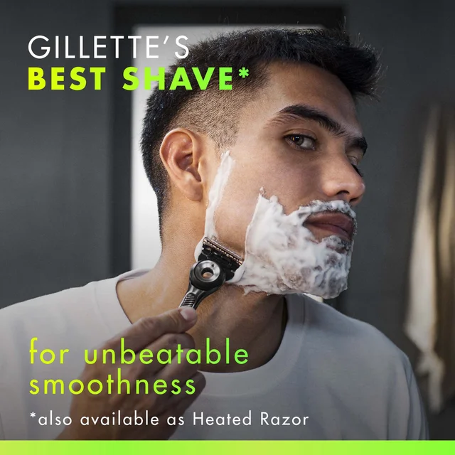 Man shaves with Gillette razor, highlighting 'Gillette's Best Shave' for 'unbeatable smoothness'.