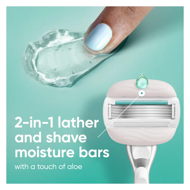 Gillette Venus razor head with 2-in-1 lather and shave moisture bars, featuring aloe.