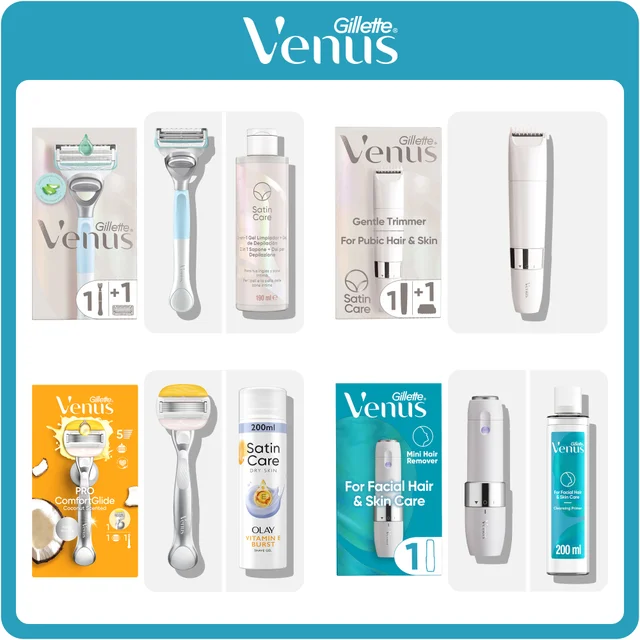 Gillette Venus grooming products: razors, trimmers, and gels in their packaging.