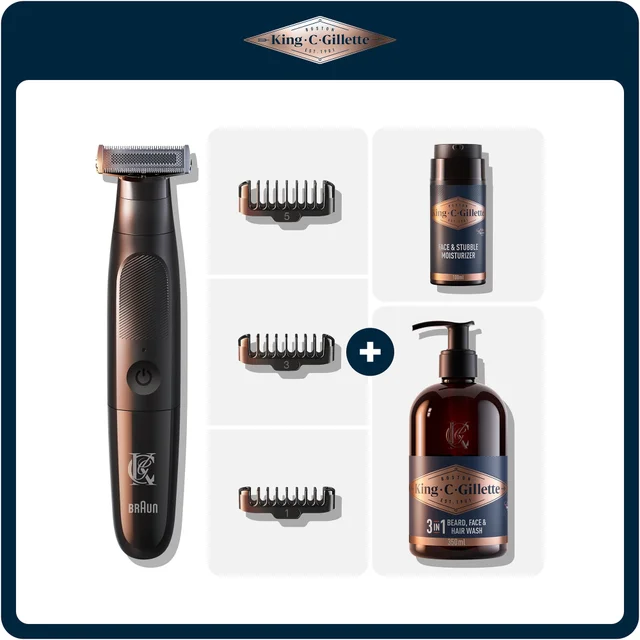 King C. Gillette grooming kit: trimmer, 3 comb attachments, moisturiser, and 3-in-1 wash.