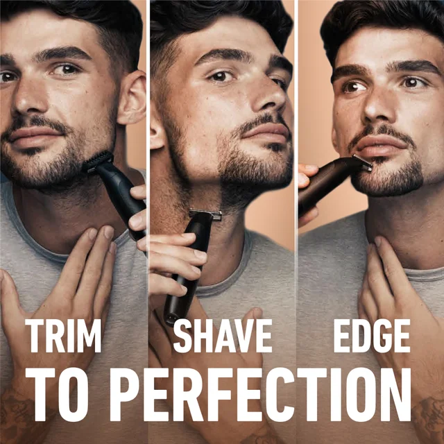 Man demonstrates trimming, shaving, and edging to perfection using the King C. Gillette stylemaster.