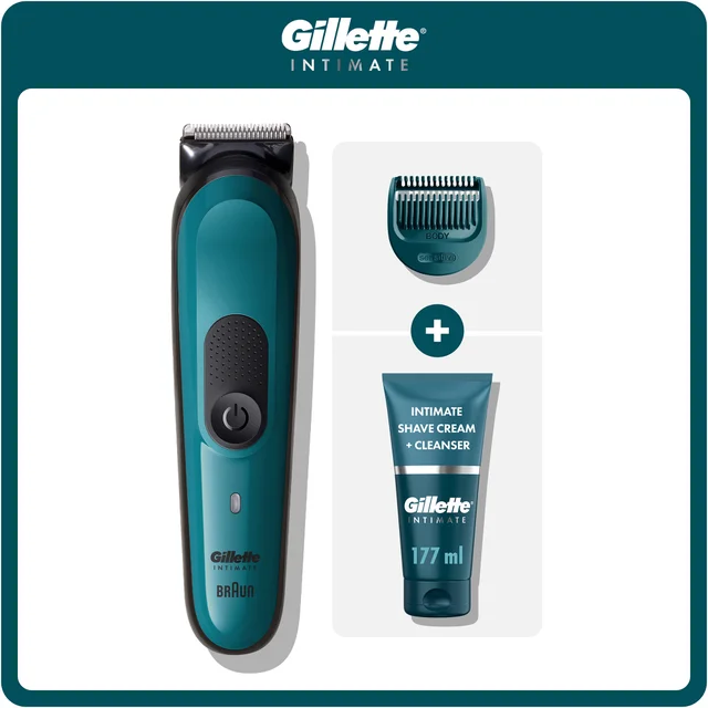 Gillette Intimate trimmer, including sensitive body comb and shave cream + cleanser.