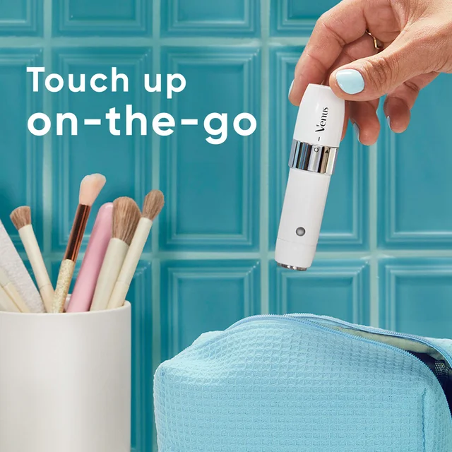 Gillette Venus portable grooming device, highlighting 'Touch up on-the-go' feature.