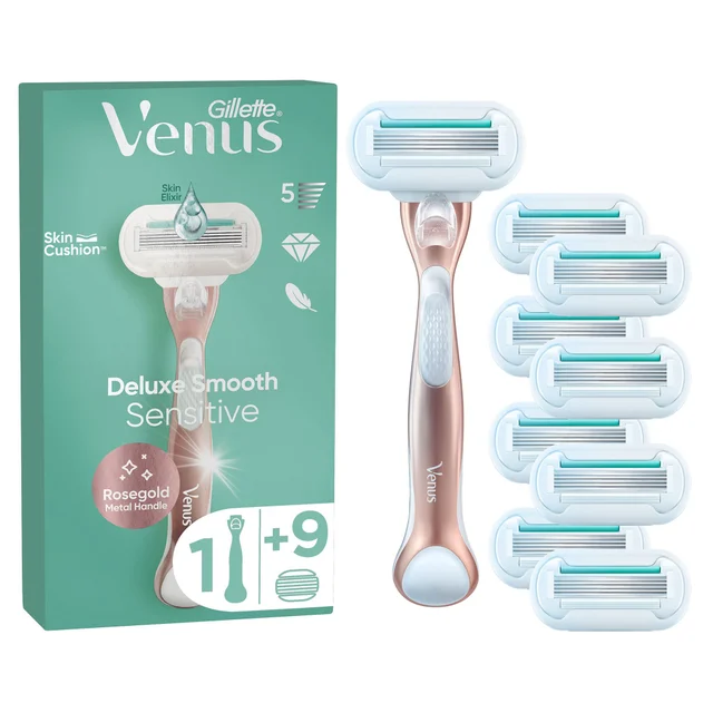 Gillette Venus Deluxe Smooth Sensitive razor with rosegold handle and 9 refills.