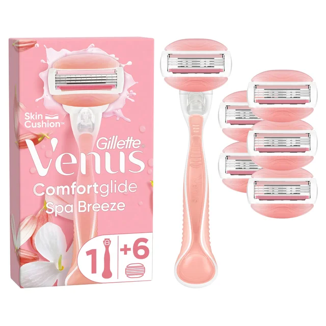 Gillette Venus Comfortglide Spa Breeze razor with 1 handle and 6 blade refills.