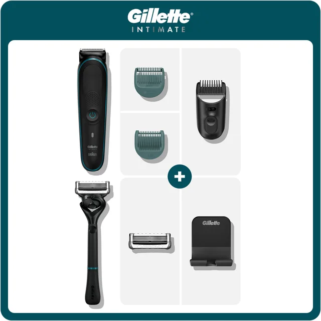 Gillette Intimate Grooming Kit with trimmer, razor, comb attachments, and stand.